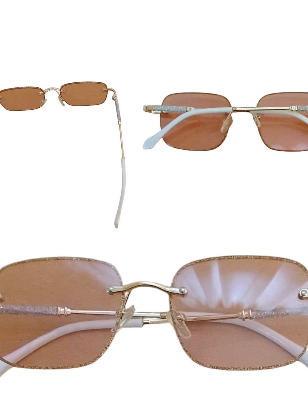 Rimless Square Sunglasses in Pink And Rose Gold With Sparkled Frames.